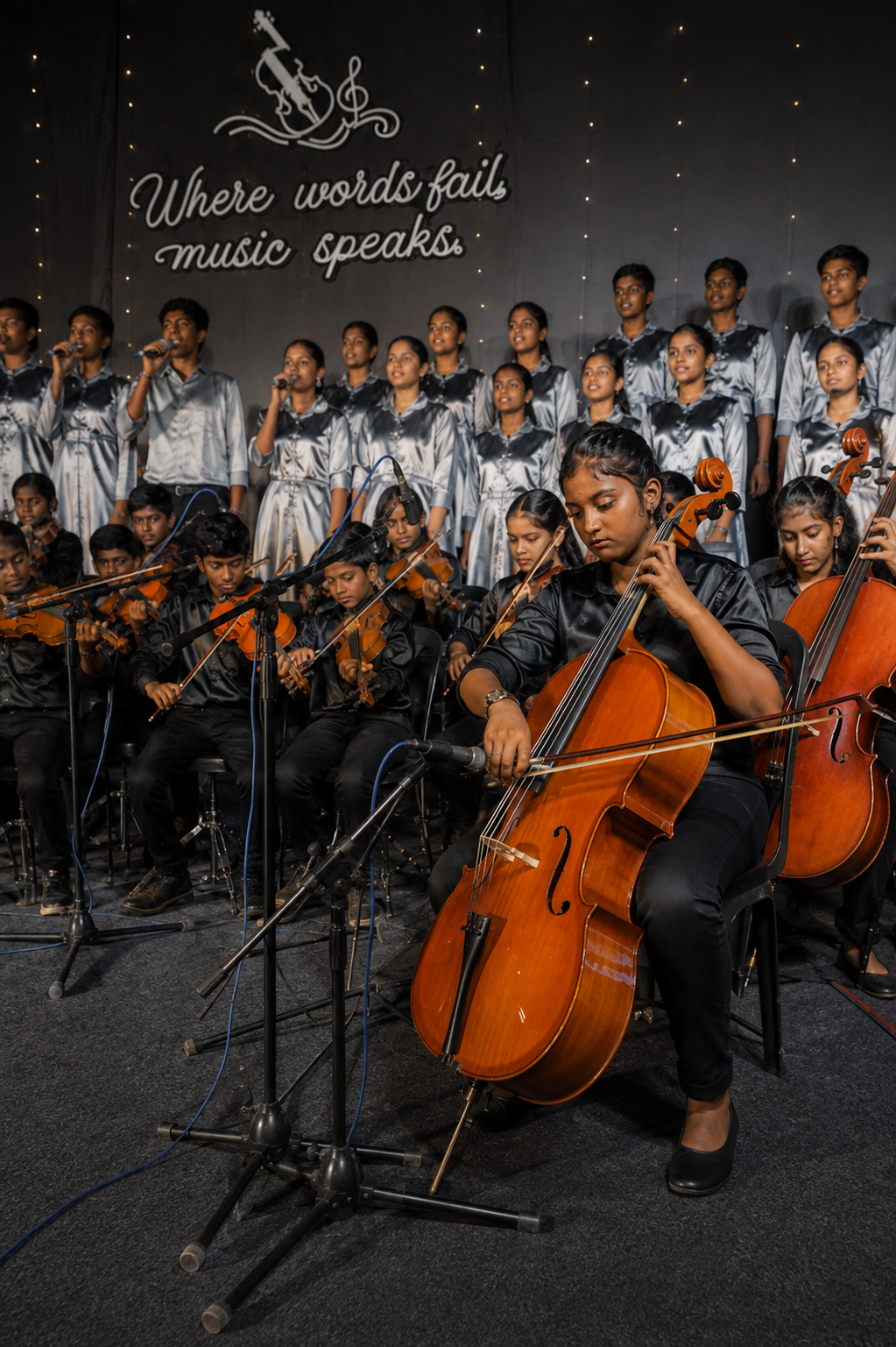 Students performing choir and orchestra on stage