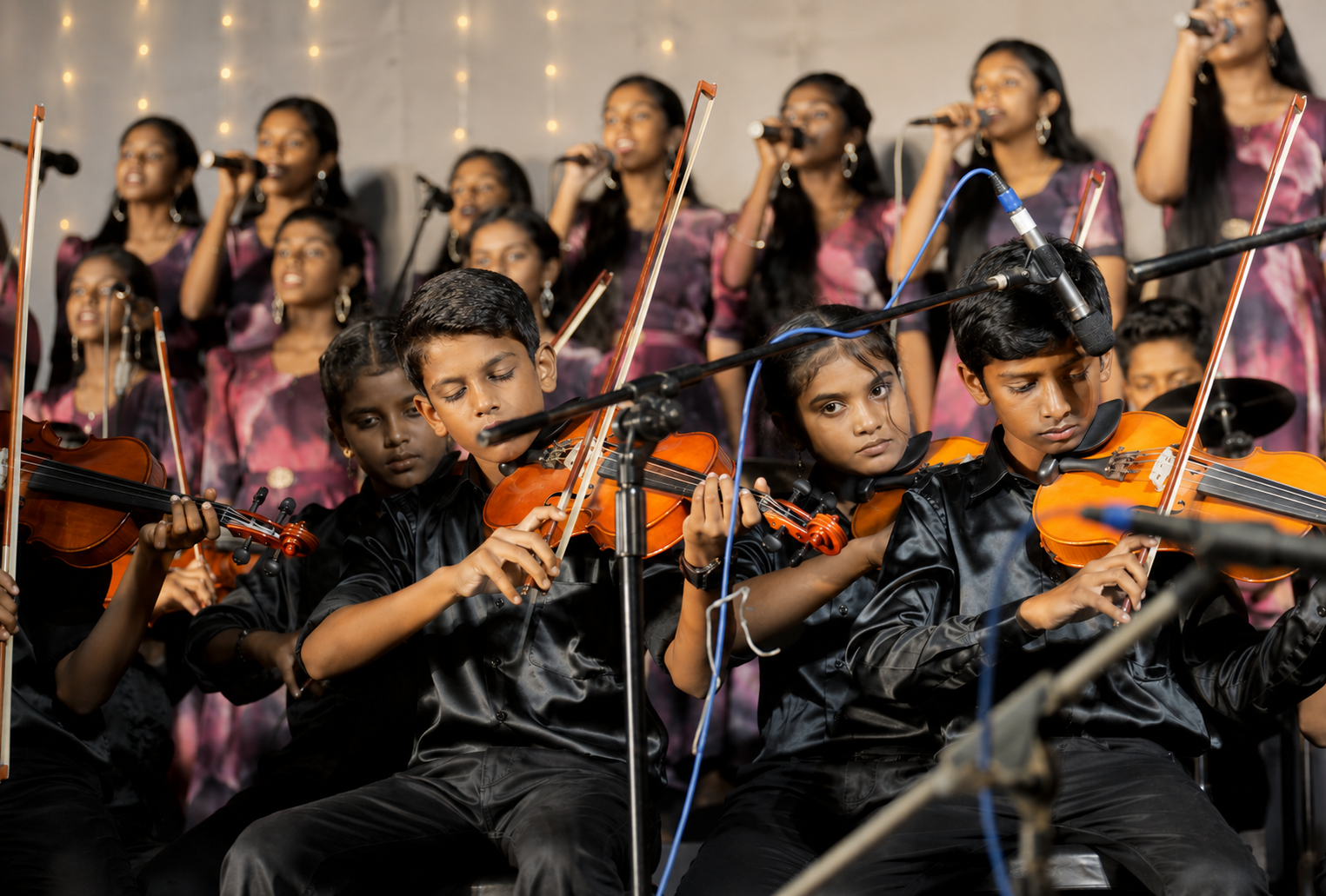 Students performing violin and choir during a school concert