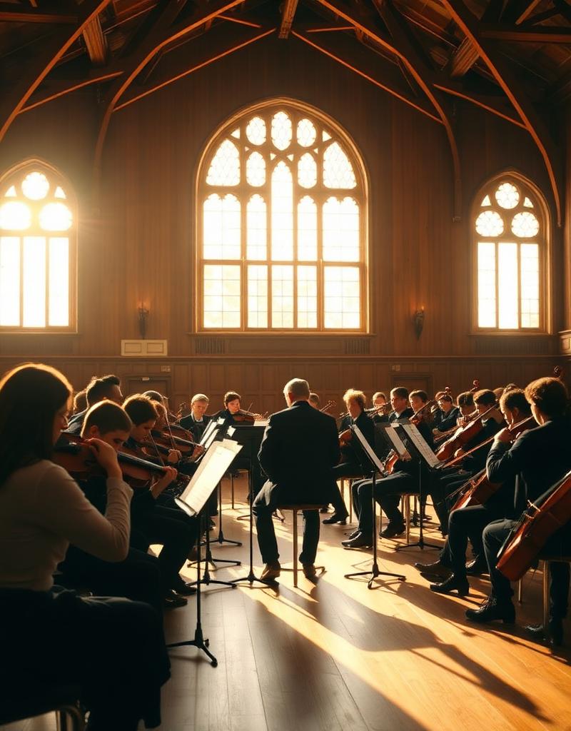School orchestra rehearsing in a sunlit hall